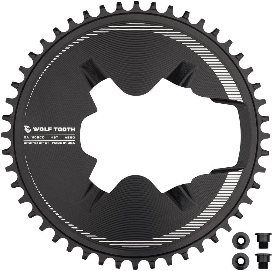 Wolf Tooth Aero Direct Mount 1x Chainring - 48t, 4-Bolt, Drop-Stop ST, Compatible with Shimano Dura-Ace R9200/R9200-P Only, Black