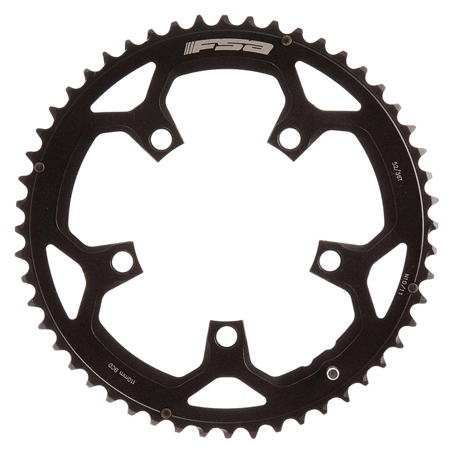 FSA, 52T, 10/11sp., BCD: 110mm, 5 Bolts, Pro Road, Outer Chainring, For Double, Aluminum, Black, 371-0252H