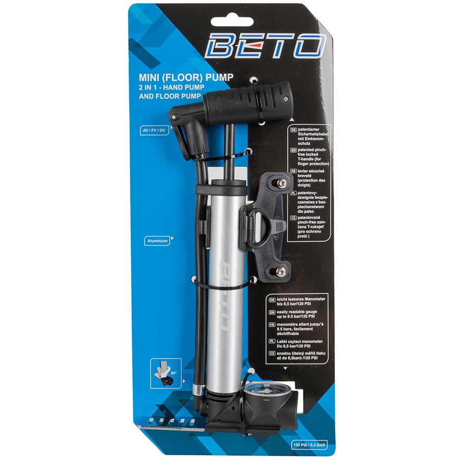 Beto, 2 in 1 Mini, Pump, 125psi, Reversible, Silver