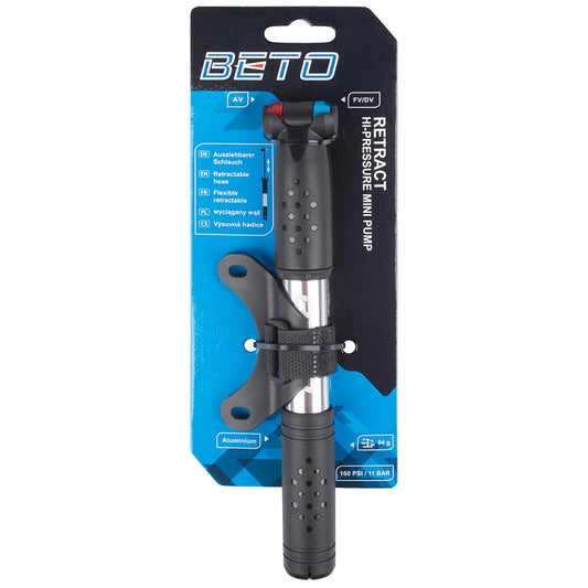 Beto, Retract Mini, Pump, 160psi, Dual Valve Head, Silver