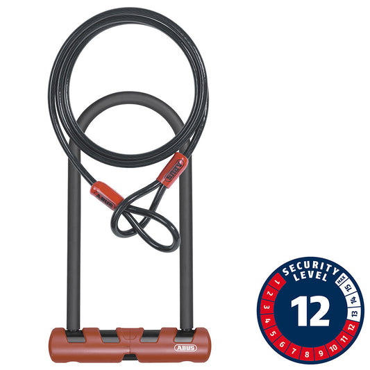 Abus, Ultimate 420 + Cable, U-Lock, Key, 14mm, 16.0cm x 23.0cm, 6.3'' x 9'', USH, Red; Cable; 10mm, 120cm, 4'