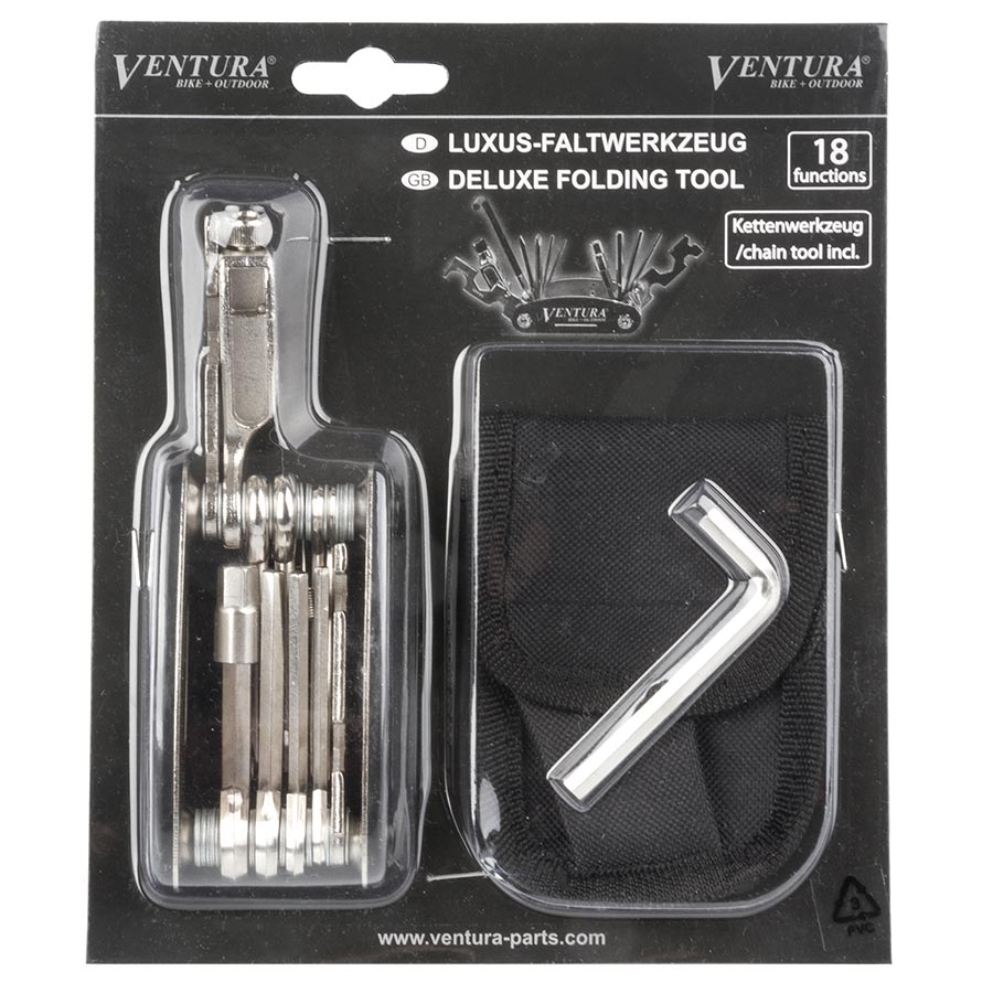 Ventura, 18F Multi, Multi-Tools, Number of Tools: 18, Hex 2mm, 2.5mm, 3mm, 4mm, 5mm, 6mm, 8mm, Open: 8mm, 9mm, 10mm, 13mm, 14mm, 15mm, Phillips, Flat Head, 14 and 15G spoke wrenches, Chain tool