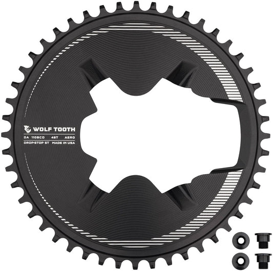Wolf Tooth Aero Direct Mount 1x Chainring - 48t, 4-Bolt, Drop-Stop ST, Compatible with Shimano Dura-Ace R9200/R9200-P Only, Black